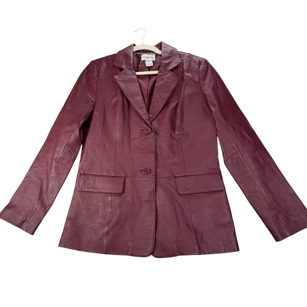 Chadwick's 100% Leather Blazer Burgundy Wine 2 Button Career Jacket Size 6